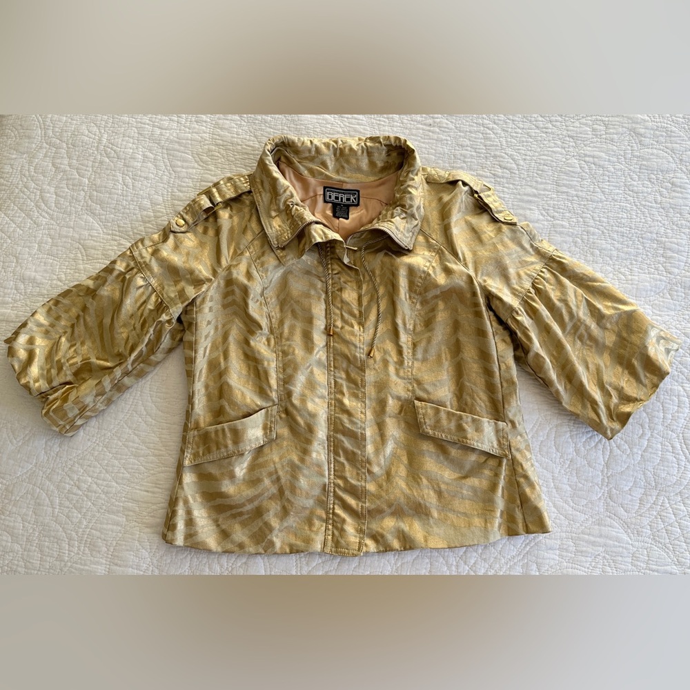 Berek Takako Metallic Gold Blazer Jacket Sz Medium Pockets Full Zip Linen Blend - Picture 11 of 16